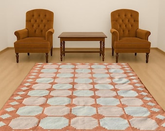 Handmade Terracotta Pink Dhurrie Rug, Indian Reversible Kilim
