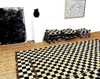 Large Jute Rug, Checker Board Rug, Indian Jute Rug, Black and Off-White Berber Checkerboard rug,  Black and white checkered rug