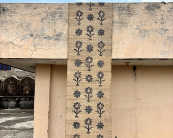 Handmade hemp jute cotton Jute Rug with black flower pattern, Bedroom Jute Rug Living Room Jute Rug Entry Way Jute Runner