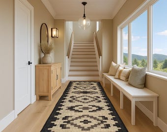Loper kelimwol jute | Handgevlochten halloper | Vloerkleed geometrisch patroon | Duurzame woondecoratie