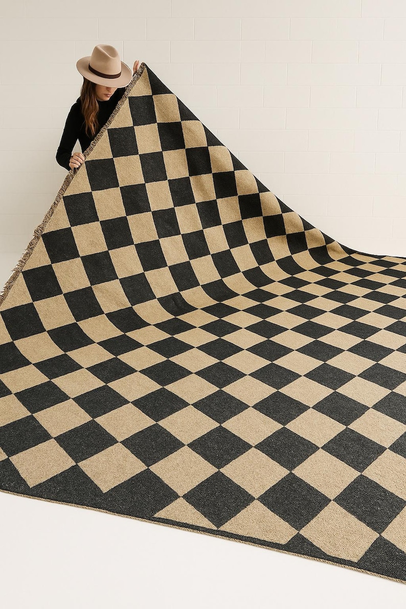 Handmade Jute Kilim Checkerboard Rug – Custom Checkered Dhurrie Area ...