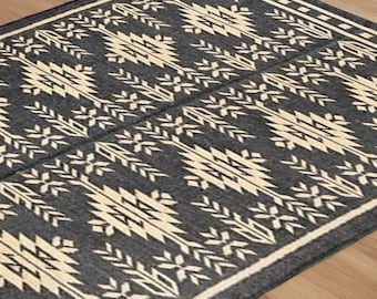 Southwestern Tribal Pattern Rug – Black & Cream Geometric Area Rug for Living Room, Bedroom, or Office Decor