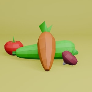 Printable 3D Papercraft Vegetables – DIY Low Poly Carrot, Tomato, Zucchini & Radish Templates (Digital Download)
