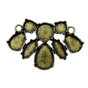 May include: An antique brass-toned pendant base with multiple settings. The pendant has a fan-like design with various shapes, including round and teardrop settings, perfect for jewelry making. It features two loops for attaching to a chain or other components.