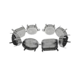 May include: A collection of silver-colored metal jewelry settings, arranged in a circular pattern. Each setting has a raised bezel to hold a stone, with four prongs and a flat base. The settings are designed for jewelry making.