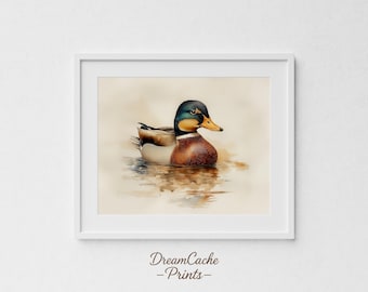 Vintage Mallard Duck Print Rustic Wall Art - Ink Drawing of a Mallard Duck on White Pond, Bird Art Print, Digital Products, Minimal Decor 89