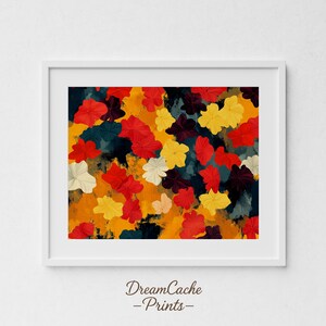 May include: A framed art print featuring an abstract floral design. The artwork showcases a vibrant mix of red, yellow, white, and dark blue flower shapes against a textured orange and dark blue background. The print is in a white frame, with the text "DreamCache -Prints-" at the bottom.