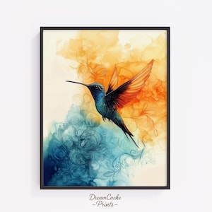 Abstract Hummingbird Wall Art - Ink and Watercolor Gradient Bird Print, Psychedelic Blue Orange Swirl Painting, Vibrant Bird Print 149