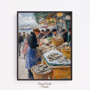 May include: A framed print of an Impressionist painting depicting a bustling oyster market. A woman in a blue skirt and black jacket examines oysters at a stall. Baskets of oysters and other people are visible in the scene.