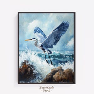 Blauer Reiher Gemälde Beachy Wandkunst - Meereswellen und landender Reiher in mutigen Pinselstrich, Vogel Poster, Ozeandruck, printable Art 70