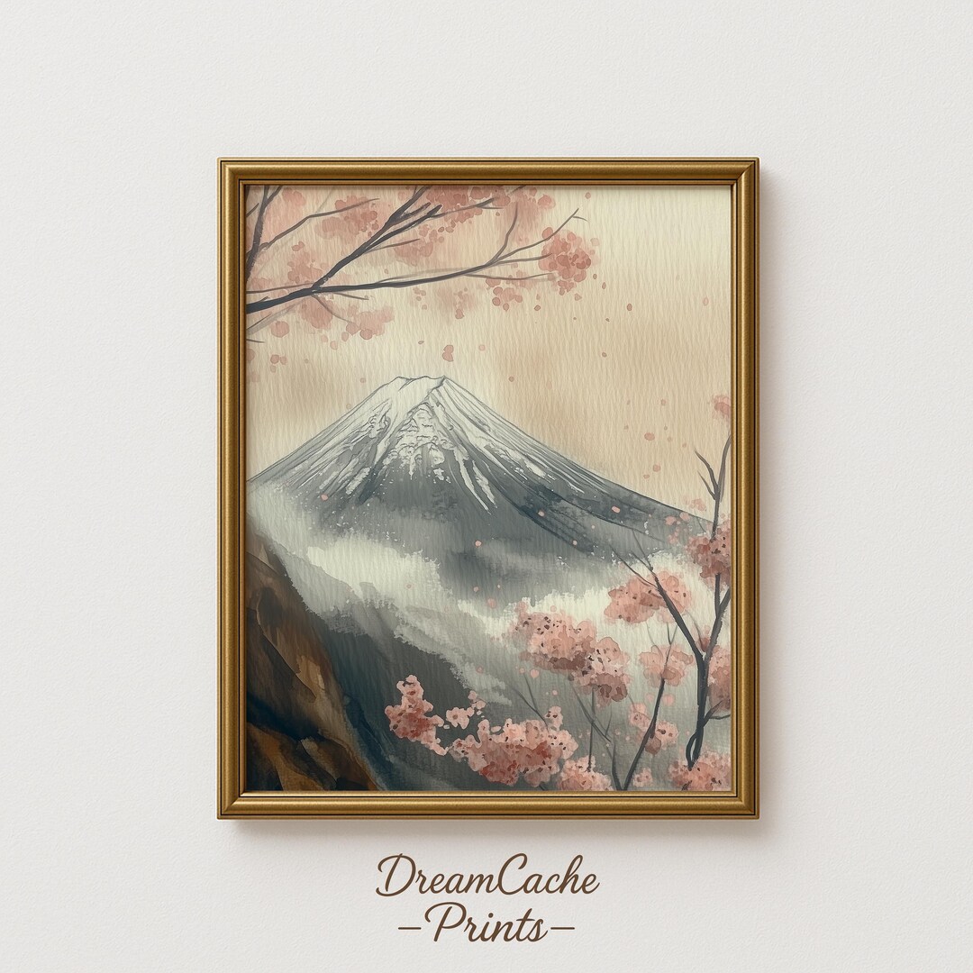Japandi Wall Art Printable - Wabi Sabi Mount Fuji Watercolor Cherry ...
