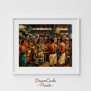 May include: A framed print of a marketplace scene, featuring a crowd of people in colorful clothing. The artwork has a vintage aesthetic, with warm tones and detailed brushstrokes. The print is set in a white frame. The text "DreamCache -Prints-" is at the bottom.