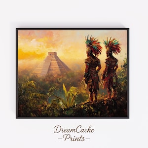 May include: Framed art print depicting two figures in traditional attire with elaborate headdresses, overlooking a Mayan pyramid. The artwork features a warm color palette of oranges, yellows, and greens, with the text "DreamCache -Prints-" at the bottom.
