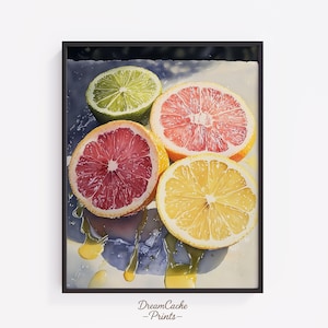 Citrus Fruit Watercolor Wall Art - Ink and Watercolor Grapefruit Lemon Lime Print, Summer Kitchen Decor, Vibrant Digital Download 110