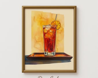 Impresión de acuarela de bebida de verano: arte de té helado, bebida refrescante, decoración de pared para cocina, tinta y acuarela, descarga digital 118