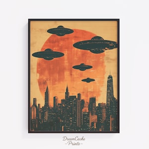 Printable Vintage UFO Poster- Retro Flying Saucers Poster, Unique Wall Decor, Outer Space Themed Art, Gift for him 40