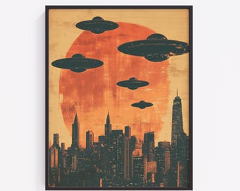 Printable Vintage UFO Poster- Retro Flying Saucers Poster, Unique Wall Decor, Outer Space Themed Art, Gift for him 40