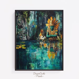 May include: A framed art print depicts a serene scene with a teal-skinned statue adorned with a golden headdress and jewelry, set in a lush, reflective pond. The artwork features a vibrant color palette of greens, blues, and golds, with lily pads and foliage.