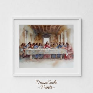 Das letzte Abendmahl christliche Wandkunst - Aquarellmalerei von Jesus und den Aposteln in sanften Farbtönen, katholische Kunst, druckbare Wandkunst Download 100