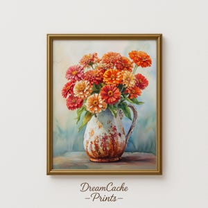 Zinnia Floral Watercolor Art Print - Bright Summer Flower in Vase, Country Floral Decor, Rustic Botanical Printable Wall Art 131