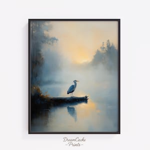 Blue Heron Print Coastal Wall Decor - Heron on Log in Foggy Lake with Dreamy Light, Bird Prints, Digital Products, Wall Art Print 78