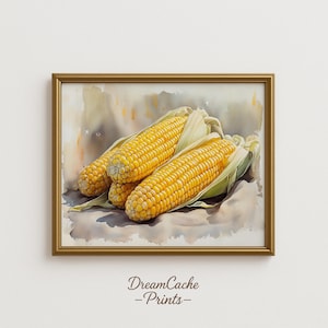 Corn Still Life Watercolor Art Print - Summer Harvest Decor, Rustic Ink Kitchen Art, Golden Yellow Farm Decor Download 129