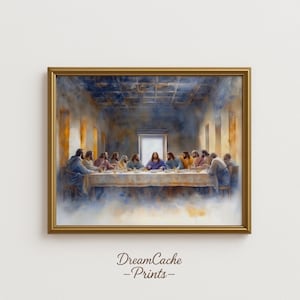 Letztes Abendmahl Wand Kunst Christliche Drucke - Aquarellmalerei von Jesus und den Aposteln in Blautönen, katholische Geschenke, druckbare Wandkunst 103
