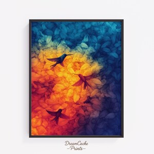 Abstract Hummingbird Pattern Print - Colorful Swirling Birds, Blue Orange Gradient Art, Psychedelic Wall Decor, Botanical Wall Art 148
