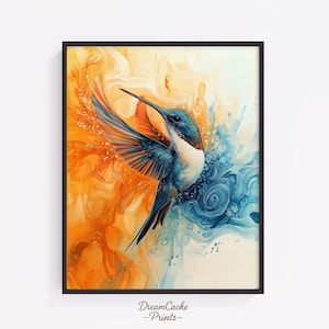 Abstract Hummingbird with Orange Blue Gradient - Psychedelic Bird Art, Ink Watercolor Digital Print, Modern Nature Wall Decor 141