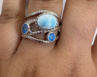 Larimar & Blue Stone Ring: Sterling Silver Boho Beach Jewelry
