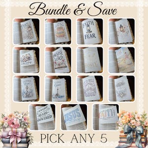 May include: A collection of fourteen rectangular paper inserts featuring various religious illustrations and inspirational text, designed to be placed inside a book. Each insert displays unique typography and imagery, including lanterns, flowers, anchors, and lighthouse motifs.