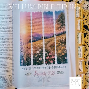 May include: A translucent vellum sheet placed over an open Bible page, featuring a landscape illustration of a sunlit meadow with wildflowers and a tree. The text "SHE IS CLOTHED IN STRENGTH" and "Proverbs 31:25" is printed at the bottom.
