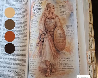 May include: A vellum Bible tip-in page featuring a watercolor illustration of a figure in armor with the text Put on the full armor of God. The image includes labels for the helmet of salvation, breastplate of righteousness, shield of faith, belt of truth, sword of the spirit, and feet fitted with the gospel of peace.