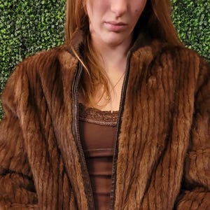 vtg REVERSABLE FAUX FUR Jacket Small // elegant work wear fancy fuzzy comfy nyc 90s 80s long sleeve bomber leather brown warm earth tone