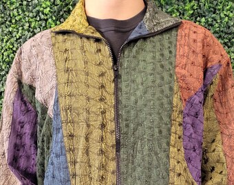 vtg MULTICOLOR HIPPIE PATCHWORK Jacket Medium // fleece lined cotton earth tone music Grateful Dead festivial coffee core bohemian boho