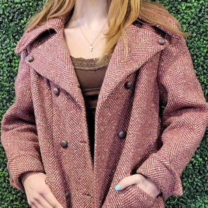 vtg WOMENS TWEED CONFETTI Jacket large // union made woven ladies red comfy trench work wear party nyc button 70s long sleeve collar elegant