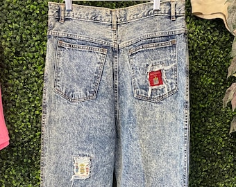 Pantalones vaqueros vintage de los 80 de PARIS EXPRESS con retazos, talla 30x30 // vaqueros de moda vintage, lavado ácido, bajos rectos, estilo desgastado, patchwork de calidad