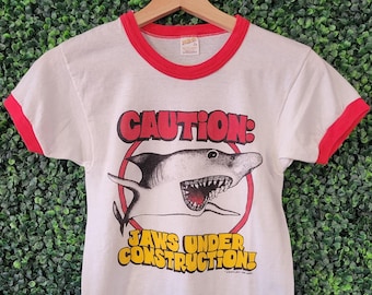 vtg 90s KIDS SHARK JAWS Ringer Tee Youth Large // white braces shark kids funny vintage tshirt y2k cute movie animal nature ocean surf coast