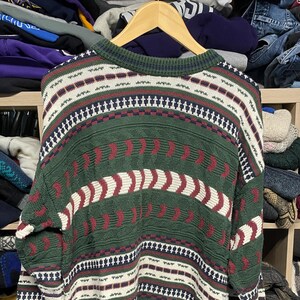 vtg 90s VAN HUESEN VIBRANT Pattern Sweater L // vintage knit cute library grandma core fall comfortable cotton multicolor Christmas 3D knit
