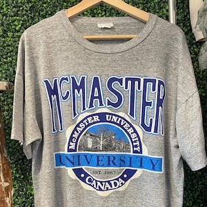 May include: A gray t-shirt with the text "McMaster University Canada" in blue and white. The university's name is arched across the top, with a circular emblem below featuring a building illustration and the founding year, 1887.