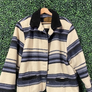 Abrigo de mujer Woolrich a rayas vintage de los 80, talla grande // Chaqueta de lana abotonada, estilo casual, estilo vintage de los 90, estilo vaquero, ranchero, lindo y cómodo, estilo azteca