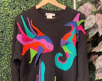 vtg 80s FISH KNIT PUFFY Sweater medium // vintage chunky ocean animal funky pink black 3d graphic grandma core surf cute coastal colorful