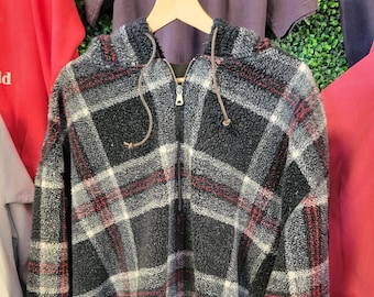 vtg 90s POLO SPORT PLAID Hoodie 2xl // black red and white fuzzy vintage sweatshirt winter gorpcore athletic Ralph Lauren fleece zip crew