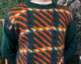 Suéter de punto de lana y acrílico de mohair de los años 80 vintage talla S // Jersey informal a cuadros vintage con diseño borroso, estampado abstracto de estudio, estilo informal, estilo club de póquer, color tierra grueso
