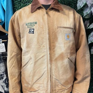 vtg 90s CARHARTT DETROIT TAN Jacket L // vintage collar brown oversized distressed heavy work wear dickies faded patched 80s blanket lined