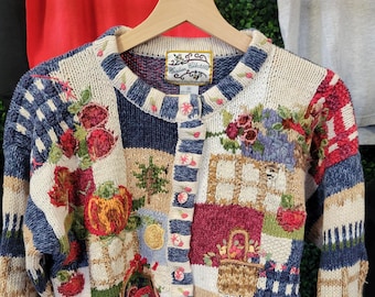 Vtg 90s JCREW CABLEKNIT FISHERMAN Cardigan Sweater Large // 80s