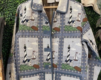 Jaqueta vintage com patch acolchoado de veleiro, tamanho médio // Jaquetas vintage de moda marítima, estilo anos 2000, perfeitas para jantares, verão, praia, com estampa de âncora e gola alta.