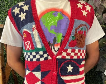 Gilet maglione vintage carino a maglia grossa taglia Medium //americano contadino fattoria cottage core accogliente insegnante mamma nonna motivo animale indie carino comodo musica
