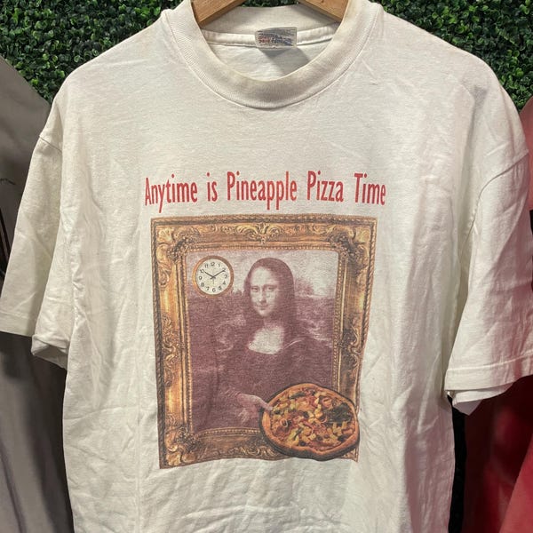 vtg 90s MONA LISA PIZZA T-shirt Large // vintage off white funny pineapple art tee comedy quote museum painting da vinci joke casual dominos