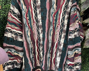 vtg 3D CHUNKY COOGI Style Knit Gestreifter Pullover L // Vintage Maroon Teal Weiß Cotton dicker croft & barrow mehrfarbiges Sweatshirt Winter